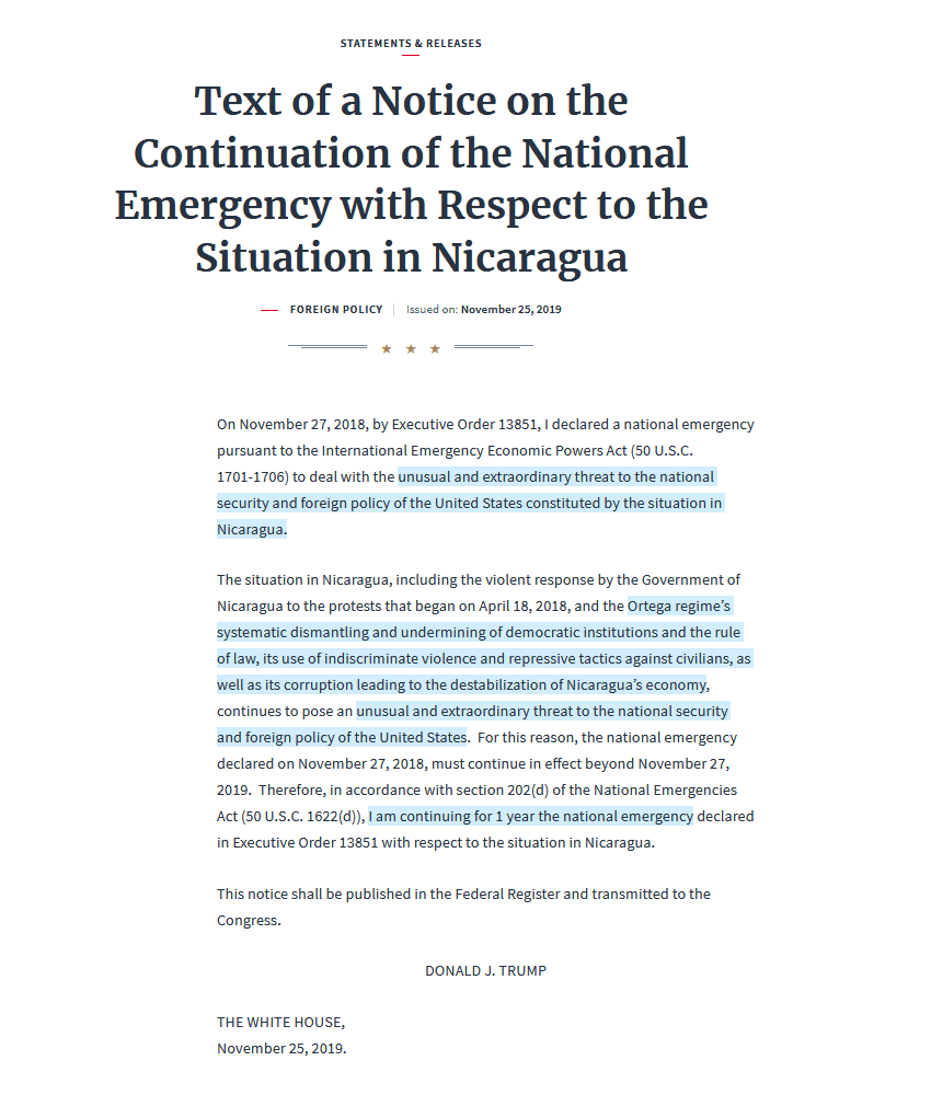 Trump-White-House-Nicaragua-emergency-national-security-threat