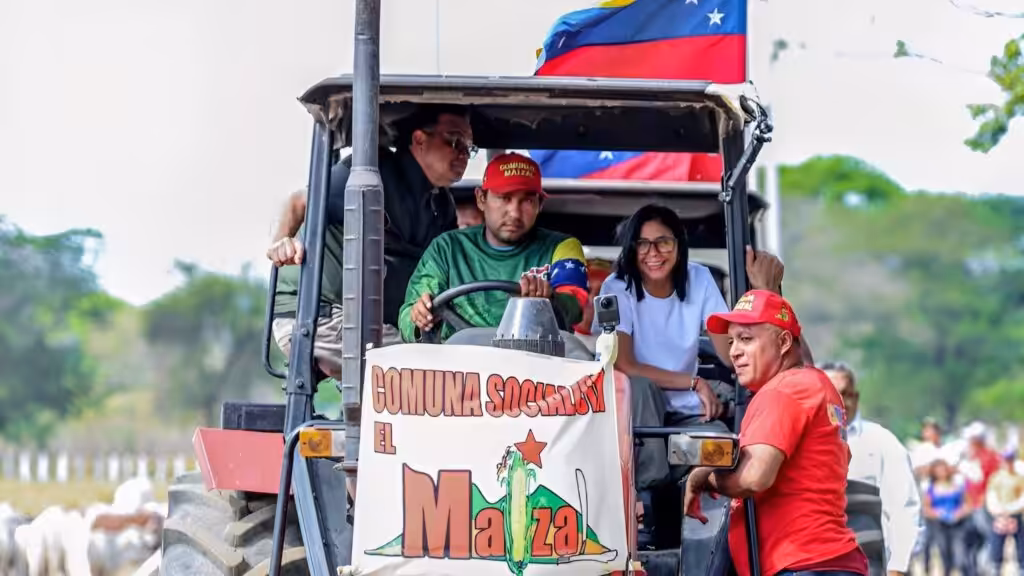 Venezuelan Acting President Delcy Rodríguez rides a tractor during her visit to the renowned El Maizal Commune in Lara state, March 6, 2026. Photo: Venezuelan Presidential Press.