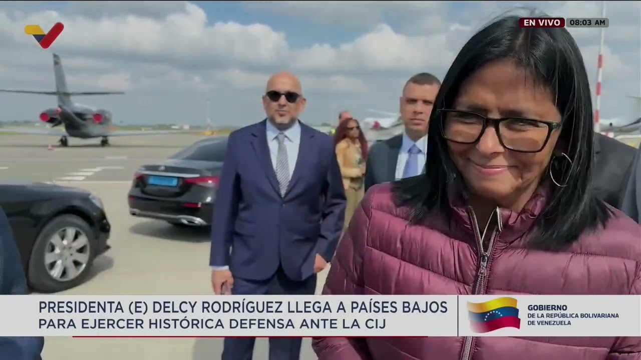 Delcy Rodríguez llega a Países Bajos para defender la Guayana Esequiba en la CIJ