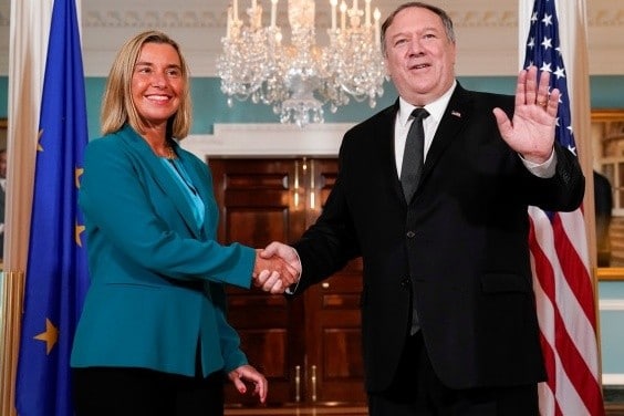 U.S. Secretary of State Pompeo meets with European Union High Representative Mogherini at the State Department in Washington