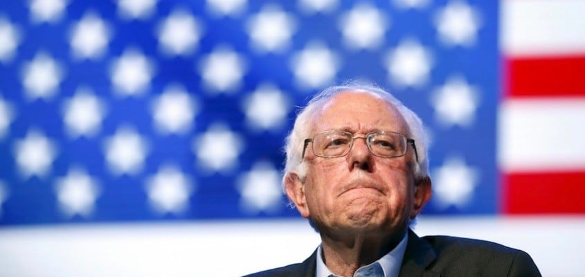 Democratic U.S. presidential candidate Bernie Sanders reacts as he speaks at a rally in Hollywood