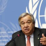 Guterres UN High Commissioner for Refugees addresses a news conference in Geneva
