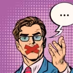 Cartoon showing a man between YouTube logos with his mouth covered. File photo.