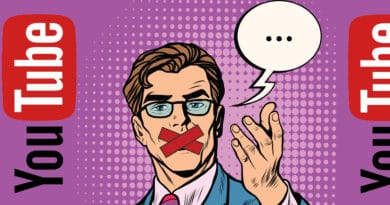 Cartoon showing a man between YouTube logos with his mouth covered. File photo.