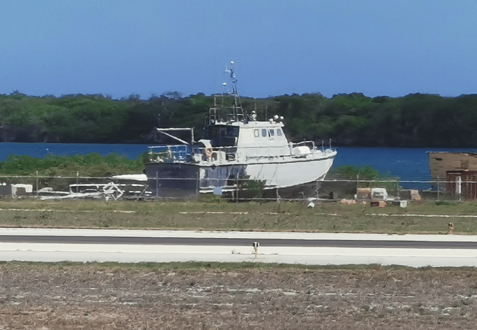 What looks like a navy boat