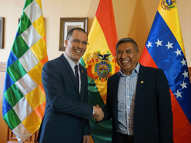 Venezuelan and Bolivian ministers of foreign affairs strengthening diplomatic and cooperation ties.