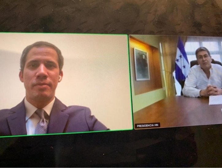 Featured image: Zoom meeting between formed deputy Guaido and Hondura's president accused of drug trafficking by the US. Photo courtesy of @ChuoTorrealba.