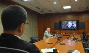Featured image: Venezuelan chancellor, Jorge Arreaza in a webinar with Noam Chomsky on Monday, March 29. Photo courtesy of RedRadioVE.