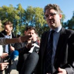 Founder of Bellingcat Eliot Higgins talks to the press at College Green in London.