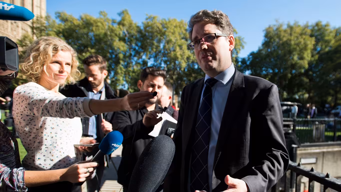 Founder of Bellingcat Eliot Higgins talks to the press at College Green in London.