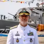 Iranian Army Naval Force Commander Rear Admiral Hosein Janzadi and high-tech destroyer Dena, June 14, 2021.