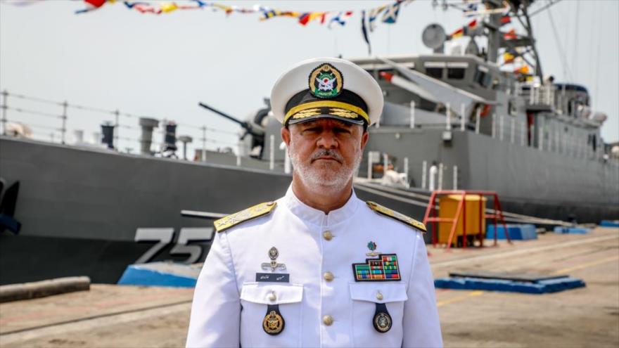 Iranian Army Naval Force Commander Rear Admiral Hosein Janzadi and high-tech destroyer Dena, June 14, 2021.