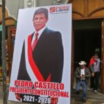Banner of Pedro Castillo wearing as for inauguration. Peruvian elite has maneuver to delay his formal proclamation in something that many call a Coup D'Etat in the making. Photo courtesy of AFP.