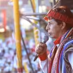 Candidate Pedro Castillo with an indigenous outfit during a political rally. File photo.