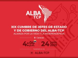 Banner with the next ALBA-TCP summit information. Photo courtesy of @SachaLlorenti .