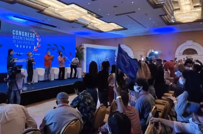 Plenary of the Congress with (from left to right) Piedad Cordoba, Diosdado Cabello, Adan Chavez, Evo Morales. Photo courtesy of RedRadioVE.