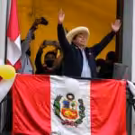 Peruvian President elect Pedro Castillo celebrating with his followers his victory. File photo.