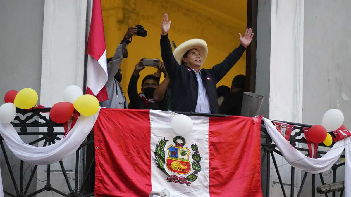 Peruvian President elect Pedro Castillo celebrating with his followers his victory. File photo.
