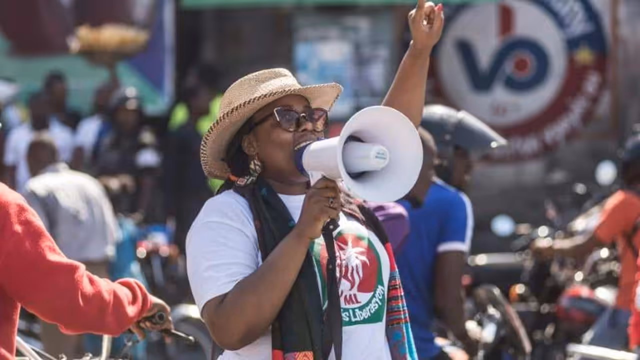Antoinette Duclair, who was shot and killed in Haiti's capital, is seen here speaking on February 14, 2021 in Port-au-Prince Reginald LOUISSAINT JR AFP