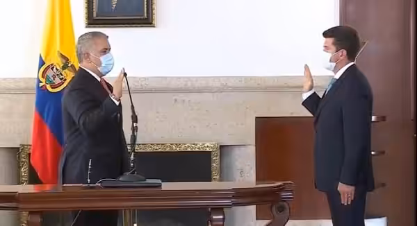 Colombian Minister for Defense, Diego Molano being sword in by Ivan Duque last February 2021. File photo.