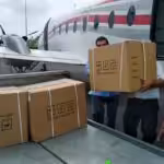 COVID-19 test kits donated by Venezuela being unloaded in the island of Dominica. Photo courtesy of Twitter / @CancilleriaVE .