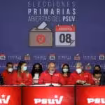 Diosdado Cabello and part of PSUV directorate during the second press conference informing the results of the party primaries. Photo courtesy of PSUV.