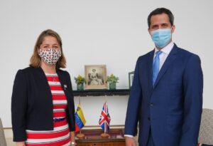 New  head of UK's diplomatic mission in Caracas, Rebecca Buckingham, with former deputy Guaido that she calls Venezuelan "constitutional interim president." Photo courtesy of Twitter / @HMGBecksB .