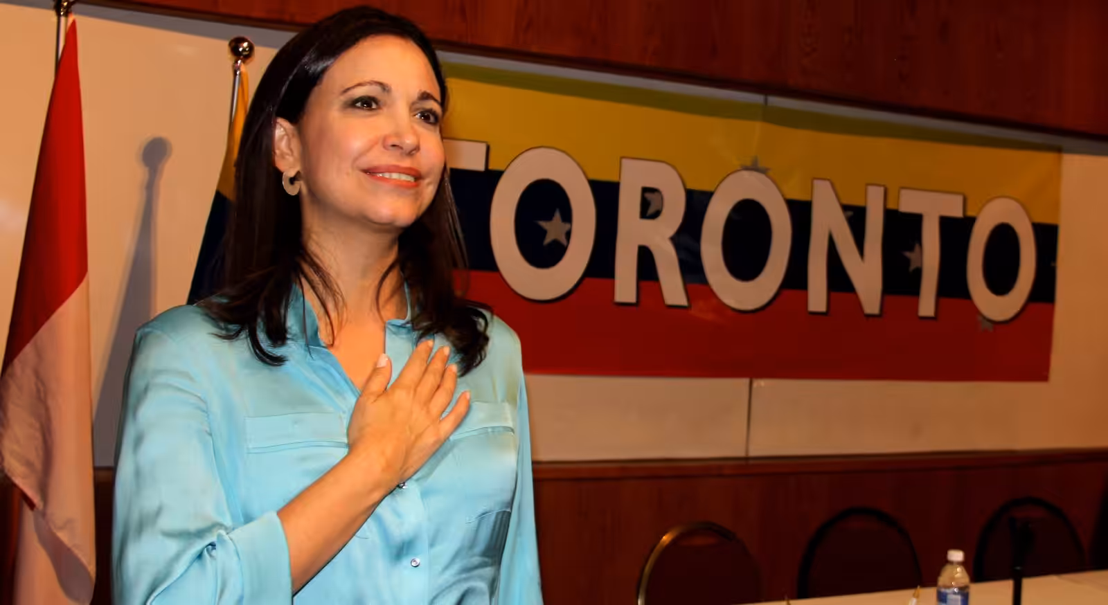 Anti-Chavista politician María Corina Machado, whose Súmate NGO received financial support from the Canadian government, speaking at University of Toronto in 2014.