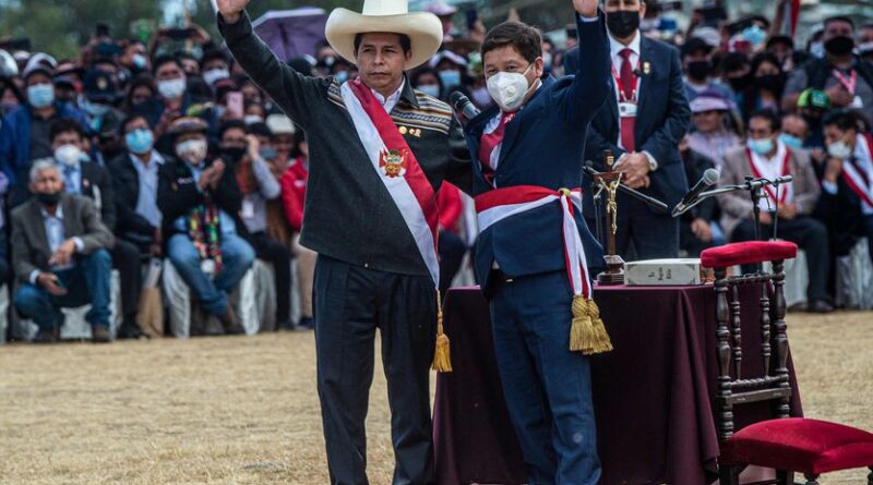President Pedro Castillo and his just appointed chief of staff Guido Bellido during the people's inauguration at the Pampa de Quinoa, Ayacucho.  Photo courtesy of EFE.