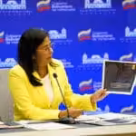 Delcy Rodriguez, Venezuela's Vice President presenting the latest report sent to the International Criminal court on the illegal sanctions issue. Photo courtesy of the office of the Vice President of Venezuela.
