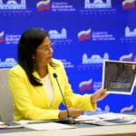 Delcy Rodriguez, Venezuela's Vice President presenting the latest report sent to the International Criminal court on the illegal sanctions issue. Photo courtesy of the office of the Vice President of Venezuela.