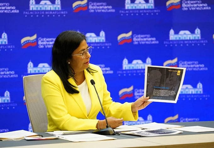 Delcy Rodriguez, Venezuela's Vice President presenting the latest report sent to the International Criminal court on the illegal sanctions issue. Photo courtesy of the office of the Vice President of Venezuela.