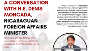 Poster for the webinar with Nicaraguan Foreign Affairs Minister, Denis Moncada. Photo courtesy of AFGJ.