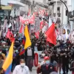 Demonstrators participate in a day of protests against the reforms carried out by the Government of President Guillermo Lasso today, in Quito (Ecuador). EFE / José Jácome