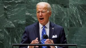 US president Joe Biden reading the teleprompter during the 76th UN General Assembly. Photo courtesy of United Nations.