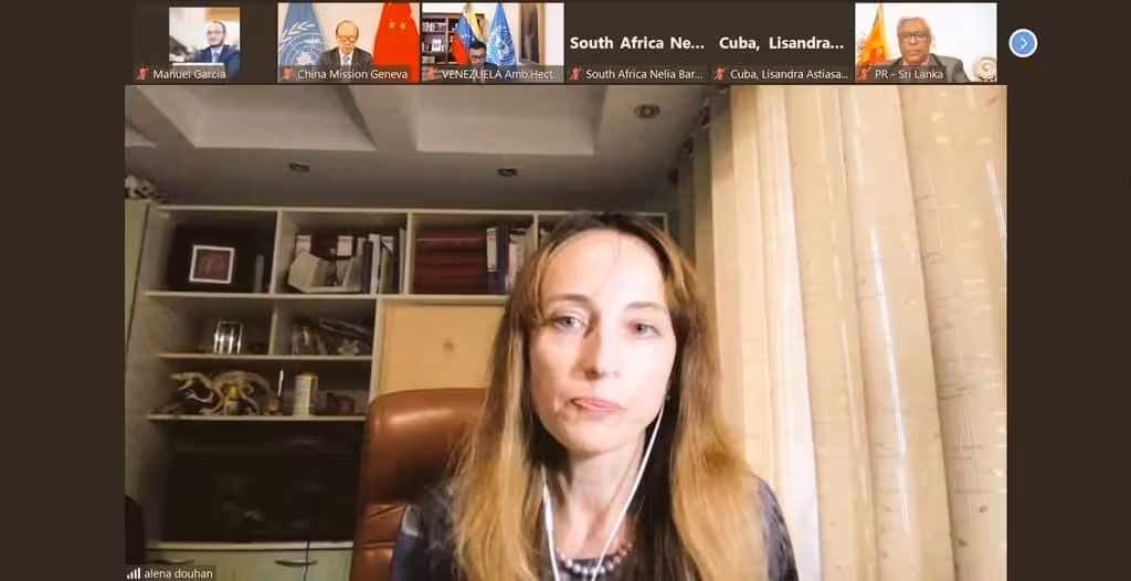 Virtual meeting of diplomats of illegally sanctioned countries with SPecial Rapporteur Alena Douhan. Photo courtesy of Twitter / @h_constant .