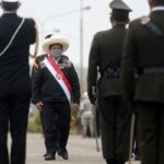 Peruvian President Pedro Castillo being saluted in a military ceremony. File photo courtesy of Twitter / @Agencia_Andina .