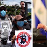 Salvadorans protests against Bukele’s Bitcoin law (left). September 7, 2021. Photo: AMATE El Salvador