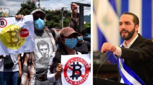 Salvadorans protests against Bukele’s Bitcoin law (left). September 7, 2021. Photo: AMATE El Salvador