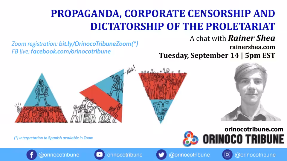 Poster of Zoom event with Rainer Shea organized by OrinocoTribune.com. Photo courtesy of Orinoco Tribune.