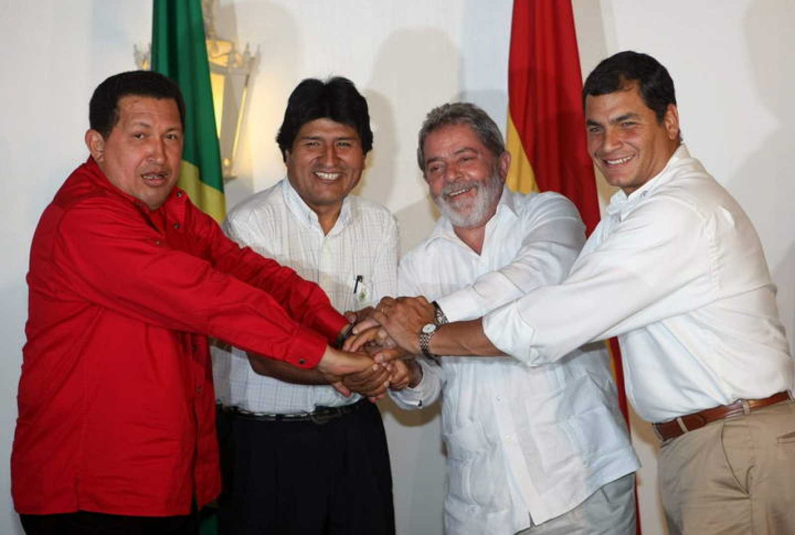 Archive photograph of Hugo Chávez, along with his Bolivian counterpart Evo Morales; from Brazil, Luiz Ignácio Lula da Silva, and from Ecuador, Rafael Correa. Photo: EFE EFE/RAIMUNDO VALENTIM.