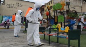 Healthcare workers sanitizing a playground in a Venezuelan school. Photo courtesy of RedRadioVE.