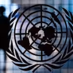 UN logo in a translucent door. File photo.