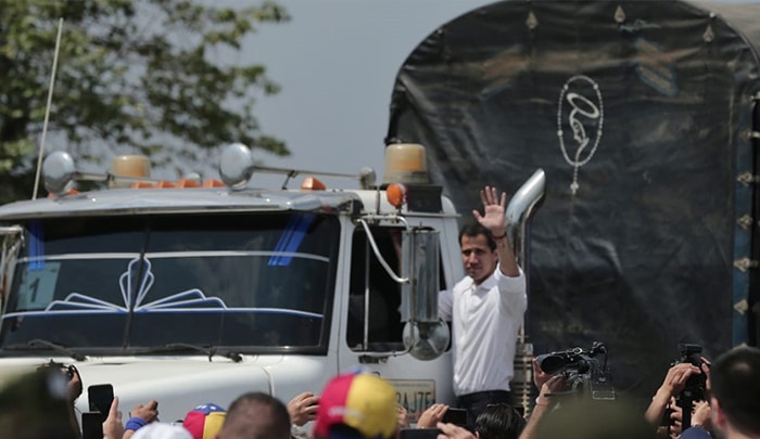 Former deputy Guaido in Cucuta when he—with the help of Colombian president Ivan Duque— tried in February 2019 to force the entry of alleged humanitarian aid in 3 trucks that latter was disclosed carried materials used by rioters in Venezuela. File photo.