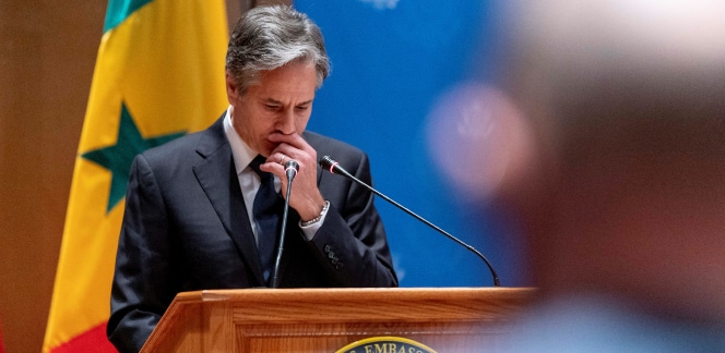 US Secretary of State Blinken looking duditative during a Trade show in Senegal. File photo by Reuters.