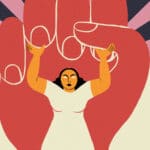 Poster of a woman standing up against a red fist. File photo.