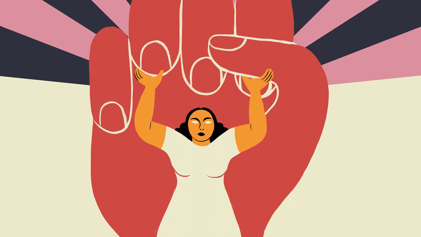 Poster of a woman standing up against a red fist. File photo.