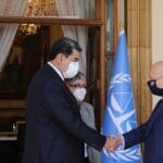 Venezuelan President Nicolas Maduro greets ICC Chief Prosecutor, Karim Khan, at the Miraflores residential Palace in Caracas, Monday, November 1, 2021. Photo courtesy of Twitter / @ViceVenezuela.