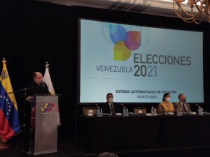 CNE's president Pedro Calzadilla speaking during his update on 21N regional elections. Photo by Twitter / @cneesvzla.