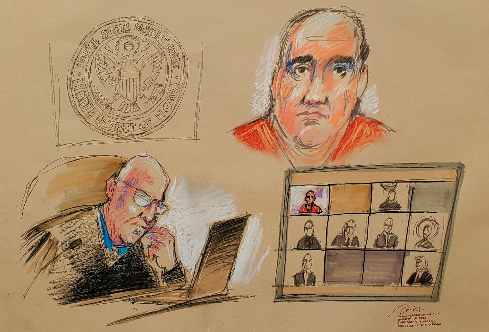 Drawing on the first hearing on the Alex Saab case in US courts. Photo courtesy of Reuters / Daniel Pontet.